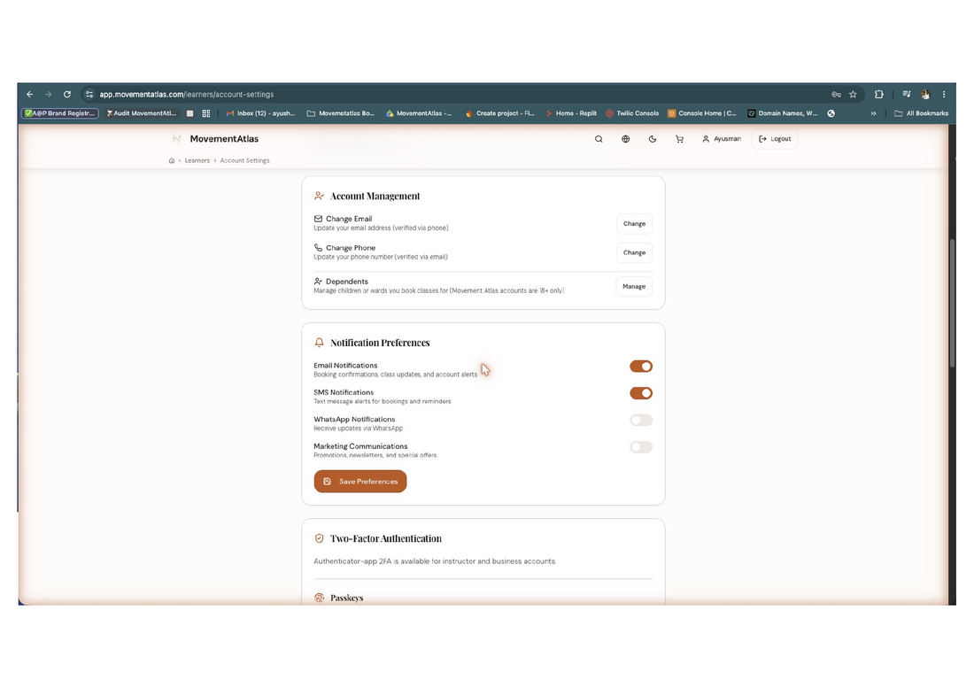 MovementAtlas Account Settings Notification Preferences showing the SMS Notifications opt-in toggle, separate from Marketing Communications.